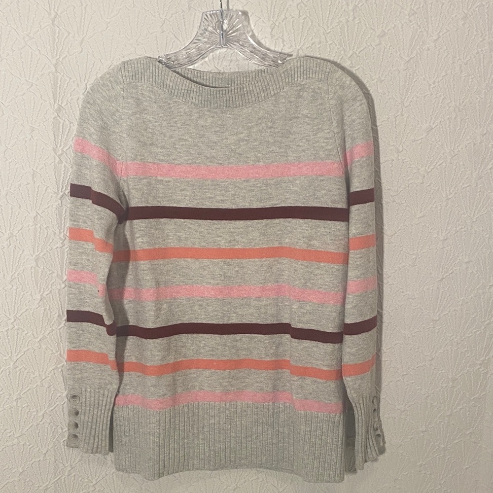 LOFT Gray Sweater with Pink and Orange Stripes Preppy Classic Unassuming Style